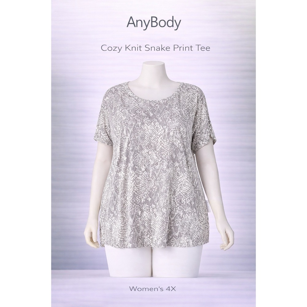 AnyBody Womens‎ 4X Cozy Knit Luxe Snake Print Tee Grey White Short Sleeve Top